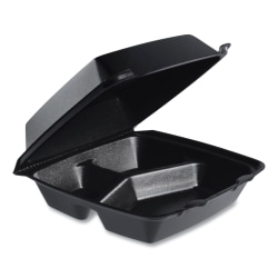 Dart® Insulated Foam Hinged Lid Containers, 3 Compartments, 8-3/8"H x 8"W x 3-1/4"D, Black, Carton Of 200 Containers