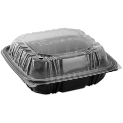 Pactiv Evergreen EarthChoice® Vented Dual-Color Microwavable Hinged-Lid Containers, 3-Compartment, 21 Oz, Black/Clear, Pack Of 150 - DC858310B000