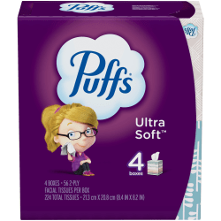 Puffs Ultra-Soft 2-Ply Facial Tissues, White, 56 Tissues Per Cube, Pack Of 4 Cubes