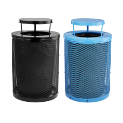 Alpine 36 Gallon Round Diamond Steel Trash Can with Rain Bonnet Lid and Insert Liner, Black and Blue, 2 Pack
