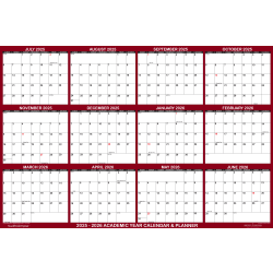 2025-2026 SwiftGlimpse Academic Erasable Monthly Wall Calendar, 32" x 48", White/Maroon, July 2025 To June 2026