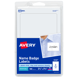 Avery® Name Tags, 05147, 2-1/3" x 3-3/8", White, 100 Removable Name Badges