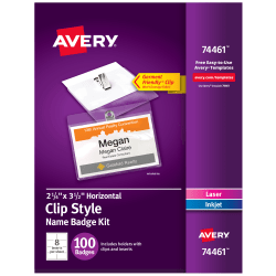Avery® Clip Name Badges, Rectangle, 74461, 2-1/4" x 3-1/2", White, 100 Inserts & Badge Holders With Clips