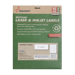 SKILCRAFT® 100% Recycled Inkjet/Laser Address Labels, Rectangle, 1" x 2 5/8", White, Box Of 25 Sheets (AbilityOne 7530-01-578-9292)