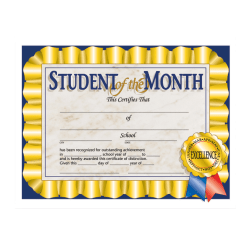 Hayes Publishing Certificates, Student Of The Month, 8 1/2" x 11", Multicolor, Pre-K To Grade 12, Pack Of 30
