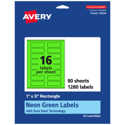 Avery® Print-To-The-Edge Labels With Sure Feed® Technology And Easy Peel® Label Feature, 94224-NGP80, Rectangle, 1" x 3", Matte Neon Green, Pack of 1280