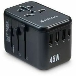 Verbatim UTA-08 Universal Travel Adapter 45W - USB-C, USB-A - 45 W - 120 V AC, 230 V AC Input - 1