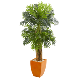 Nearly Natural Triple Areca Palm 66"H Artificial Tree With Planter, 66"H x 34"W x 30"D, Green/Orange