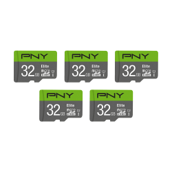 PNY® Elite Class 10 U1 100 Mbps microSDHC Flash Memory Cards, 32GB, Pack Of 5 Memory Cards