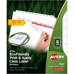 Avery® 100% Recycled EcoFriendly Index Maker® Clear Label Dividers, 8 1/2" x 11", White, 8 Tabs Per Set, 5 Sets Per Pack