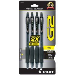 Pilot G2 Retractable Gel Pens, Fine Point, 0.7mm, Clear Barrels, Black Ink, Pack Of 4 Pens