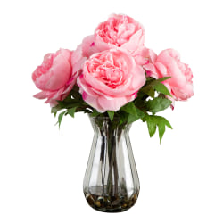 Nearly Natural 16"H Artificial Peony Arrangement With Glass Vase, 16"H x 12"W x 12"D, Clear/Light Pink