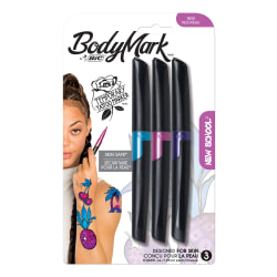 BodyMark by BIC® Temporary Tattoo Markers, New School, Brush Tip, Black Barrel, Assorted Ink Colors, Pack Of 3 Markers