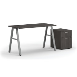 HON® Mod 48"W Table Writing Desk With Mobile Storage, Slate Teak/Silver