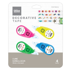 Office Depot® Brand Decorative Tape With Dispensers, 0.236" x 4.36 Yd, Assorted Colors/Designs, Pack Of 4 Rolls