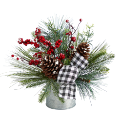 Nearly Natural 12"H Frosted Pine Cones And Berries Artificial Arrangement With Vase And Decorative Plaid Bow, 12"H x 10"W x 8"D, Green/Silver