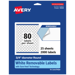 Avery® Removable Labels With Sure Feed®, 94504-RMP25, Round, 3/4" Diameter, White, Pack Of 2,000 Labels