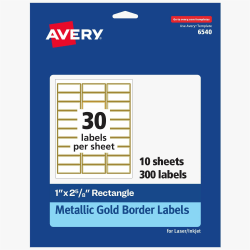 Avery® Permanent Address Labels - 1"x 2 5/8" - Permanent Adhesive - Rectangle - Inkjet, Laser - Matte White, Metallic Gold - 6540