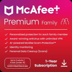 McAfee+ Premium Family Antivirus And Internet Security Software, For Unlimited Devices, 1-Year Subscription, For Windows/Mac/Android/iOS/ChromeOS, Download