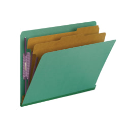 Smead® End-Tab Classification Folders, With SafeSHIELD Fasteners, 8 1/2" x 11", 2 Divider, 2 Partition, Green, Pack Of 10