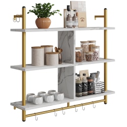 Bestier 37"H Floating Pipe Kitchen Shelves With 3-Tier Wall-Mounted Shelf & Towel Bar, White Marble