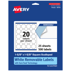 Avery® Removable Labels With Sure Feed®, 94110-RMP25, Square Scalloped, 1-5/8" x 1-5/8", White, Pack Of 500 Labels