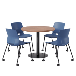 KFI Studios Proof Cafe Round Pedestal Table With Imme Caster Chairs, Includes 4 Chairs, 29"H x 36"W x 36"D, River Cherry Top/Black Base/Navy Chairs