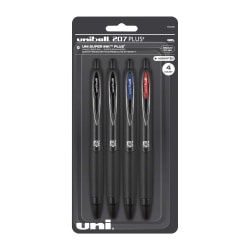 uni-ball® 207 Plus+ Retractable Gel Pens, Medium Point, 0.7 mm, Black Barrel, Black/Blue/Red Ink, Pack Of 4 Pens