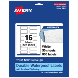 Avery® Waterproof Permanent Labels With Sure Feed®, 94201-WMF50, Rectangle, 1" x 2-5/8", White, Pack Of 800