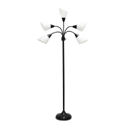 Simple Designs 5-Light Adjustable Gooseneck Floor Lamp, 67"H, White Shade/Black Base
