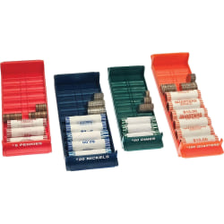 Nadex Coins NCS8-1009 Rolled Coin Storage Organizer Tray Set with Ridges for Loose Coins - 4 x Coin Tray - Orange, Green, Blue, Red