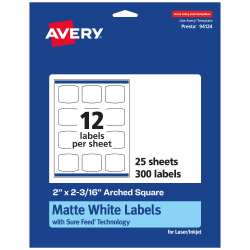 Avery® Permanent Labels With Sure Feed®, 94124-WMP25, Arched Square, 2" x 2-3/16", White, Pack Of 300