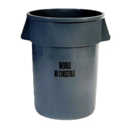 Rubbermaid® BRUTE Round Plastic Trash Can With Inedible Label, 44 Gallons, Gray