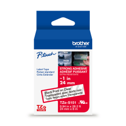 Brother P-Touch TZeS151, Strong Adhesive Laminated, ~1in x 26.2ft (24mm x 8m), Black on Clear Label Tape