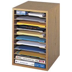 Safco® Vertical Desk Top Sorter, 11 Compartment, 16" H x 10&frac34;" W x 12" D, Medium Oak