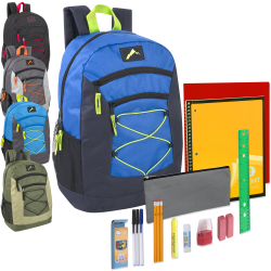 Trailmaker Multi-Pocket Bungee Backpacks With 20-Piece School Supply Kits, Assorted Colors 1, Pack Of 24