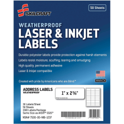 SKILCRAFT Weatherproof Mailing Labels - 1"x 2 5/8" - Permanent Adhesive - Rectangle - Laser, Inkjet - 6736516