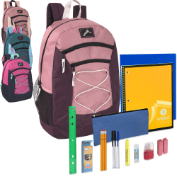 Trailmaker Multi-Pocket Bungee Backpacks With 20-Piece School Supply Kits, Assorted Colors 2, Pack Of 24
