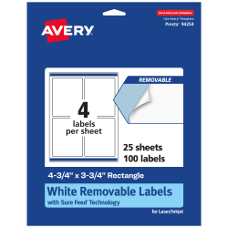 Avery® Removable Labels With Sure Feed®, 94254-RMP25, Rectangle, 4-3/4" x 3-3/4", White, Pack Of 100 Labels