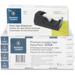 Business Source Invisible Tape Dispenser Value Pack - 27.78 yd x 0.75"- 1" Core - Acetate - Dispenser Included - Desktop Dispenser - 12 / Pack - Clear