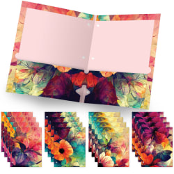 Global Deluxe Designer 3-Hole Punched 2-Pocket Folders, Letter Size, Assorted Abstract Floral Patterns, Pack Of 16 Folders