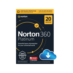 Norton 360 Platinum Antivirus Internet Security Software + VPN + Dark Web Monitoring, 20 Devices, 1-Year Subscription, Android/Mac OS/Windows/Apple iOS Compatible, ESD