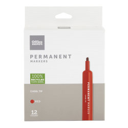 Office Depot® Brand Permanent Markers, Chisel Point, 100% Recycled Plastic Barrel, Red Ink, Pack Of 12