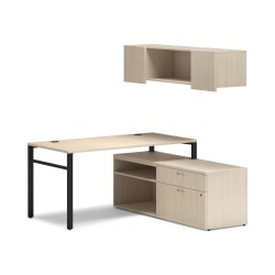 HON Mod Workstation With Wall Mount Storage And 2 Storage Credenzas, Desert Oak/Black