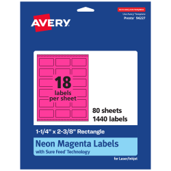 Avery® Print-To-The-Edge Labels With Sure Feed® Technology And Easy Peel® Label Feature, 94227-NMP80, Rectangle, 1-1/4" x 2-3/8", Matte Neon Magenta, Pack of 1440