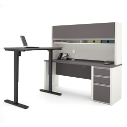 Bestar Connexion 72"W L-Shaped Standing Corner Desk With Pedestal And Hutch, Slate/Sandstone