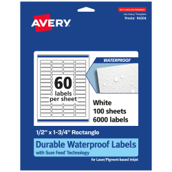 Avery® Waterproof Permanent Labels With Sure Feed®, 94204-WMF100, Rectangle, 1/2" x 1-3/4", White, Pack Of 6,000