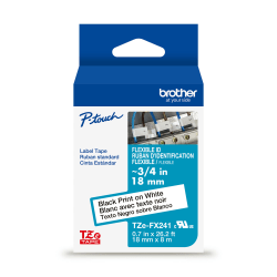 Brother P-touch TZeFX241G, Flexible ID Laminated, ~3/4in x 26.2ft (18mm x 8m), Black on White Label Tape