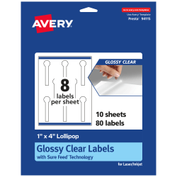 Avery® Glossy Permanent Labels With Sure Feed®, 94115-CGF10, Lollipop, 1" x 4", Clear, Pack Of 80