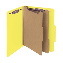 Smead® Pressboard Classification Folders With SafeSHIELD® Fasteners, 2 Dividers, Letter Size, 100% Recycled, Yellow, Box Of 10